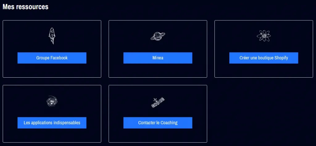 Ecom Pro training resources: Facebook group, Minea, Free Shopify store, Shopify application, Coaching