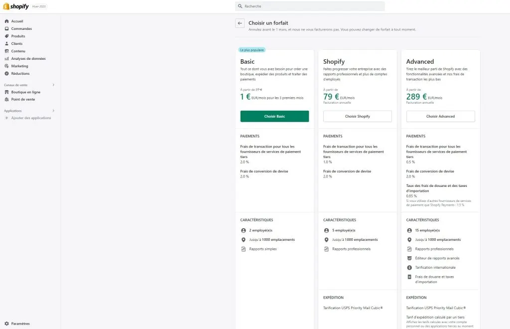 Choisir un forfait Shopify 1€ par mois pendant 3 mois