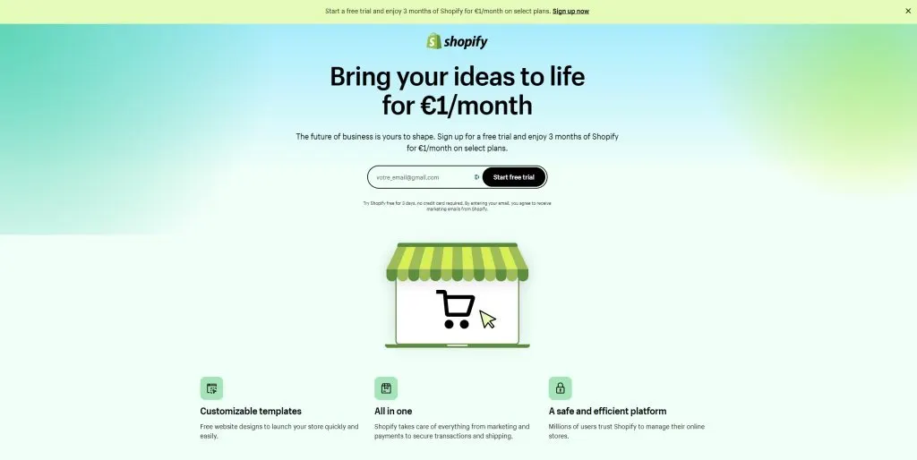 créer votre compte shopify en entrant votre email
