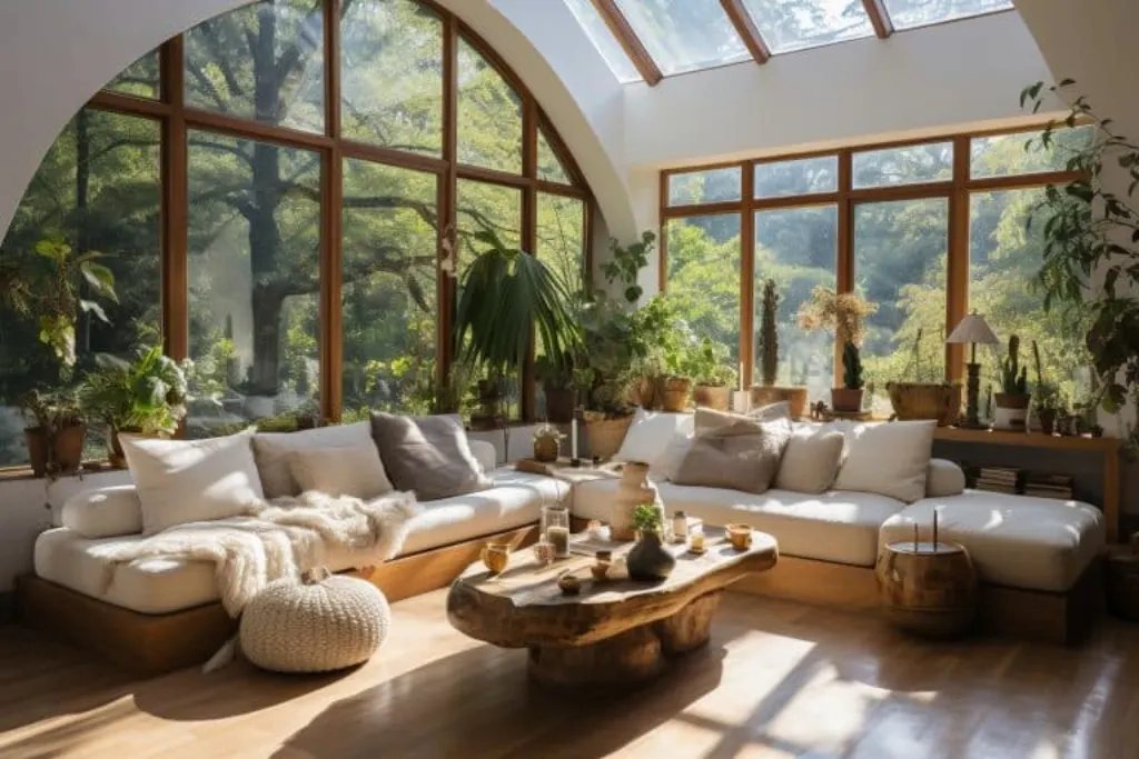 Salon mettant en vedette des plantes d'intérieur et de la lumière naturelle